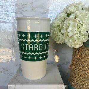 EUC STARBUCKS 2016 Green Knit Sweater Holiday Porcelain Travel Mug 10oz.